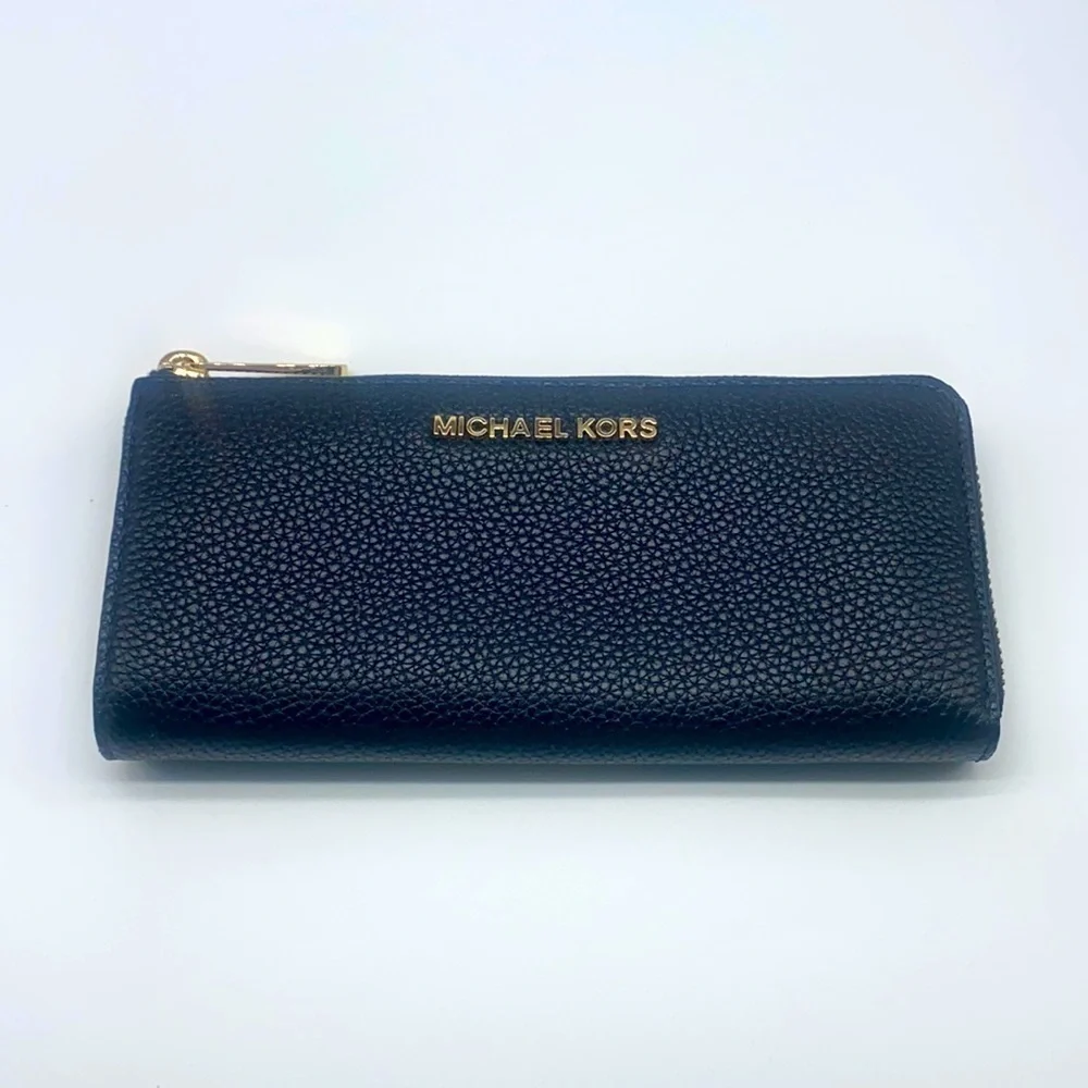 Michael Kors - Pebbled Black Leather Large Zip Around Wallet With Gold Accents